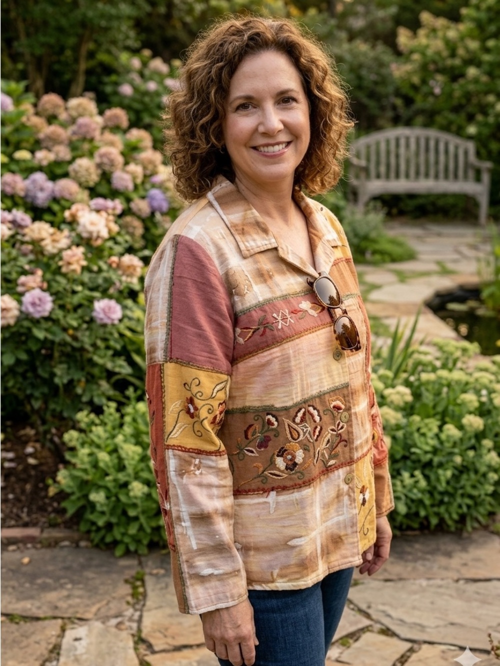 Take 50% OFF-Indigo Moon Patchwork Floral Button-Up Jacket - Earth Tones,Size-1X